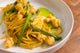 Spaghetti con crema di asparago verde, gamberi, bisque e asparago scottato